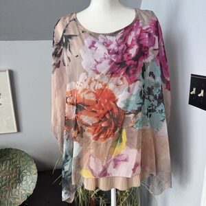 Ali Miles Colorful Chiffon Floral Kimono Over Pleated Jersey Tank Art To Wear Lg